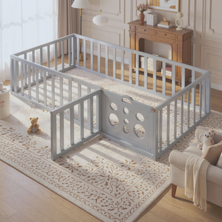 Sunvega Twin Size Wood Floor Bed Frame with Fence and Door in Walnut Finish