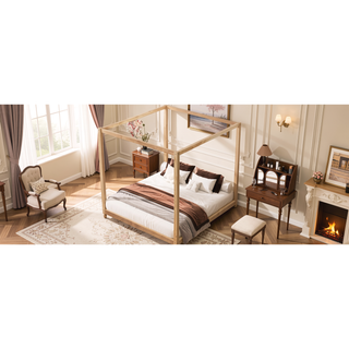 Sunvega White Queen Size Canopy Platform Bed with Support Legs and Sturdy Frame