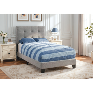 Sunvega Twin Size Upholstered Bed Frame in Grey Linen Look for Youth Bedroom