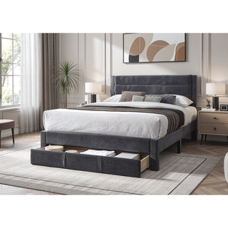 Sunvega Queen Size Bed with Storage Drawer and Charcoal Corduroy Headboard