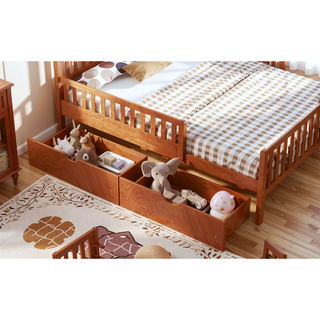 Sunvega Twin Size Walnut Wood Platform Bed with Guardrails and Two Storage Drawers