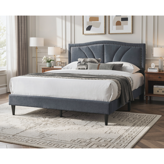Sunvega Modern Charcoal Burlap Upholstered Headboard with Nailhead Trim