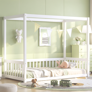Sunvega Twin Size Canopy Frame Floor Bed with Guardrails and Natural Wood