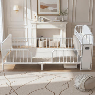 Sunvega Kids Full Metal Bed with Upholstered Headboard LED Lights and Storage