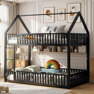 Sunvega Sturdy Metal Twin over Twin House Bunk Bed with Fence and Door