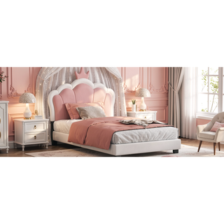 Sunvega Cream Pink Full Size Princess Bed with Crown Headboard and Footboard