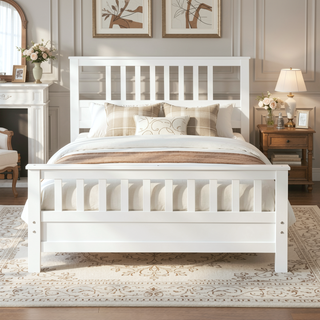 Sunvega White Wood Platform Bed with Headboard Footboard and Slat Support