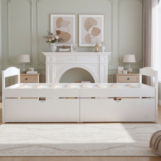 Sunvega White Twin Size Platform Bed with Trundle and Headboard Footboard