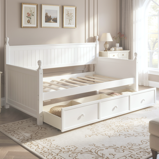 Sunvega White Twin Size Pine Wood Daybed with Three Storage Drawers and Slatted Panels