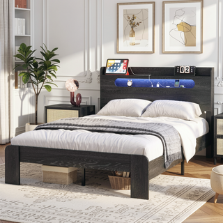 Sunvega King Size Wood Platform Bed Frame with Storage Headboard and 2 USB Ports