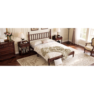 Sunvega Retro Style Queen Size Wood Platform Bed with Gourd Shaped Headboard and Slat Support
