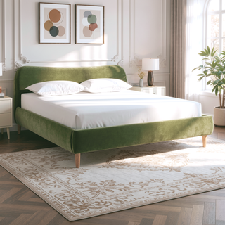 Sunvega King Upholstered Platform Bed with Curved Headboard in Oatmeal Chenille