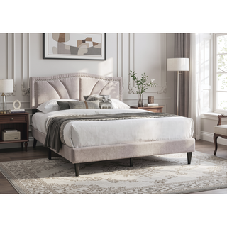 Sunvega Light Brown Burlap Queen Size Bed with Nailhead Trim and Sloped Curve