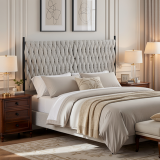 Sunvega Contemporary Braided Tufted Queen Size Headboard in Black Metal Frame