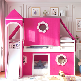 Sunvega Twin Size Loft Bed with Slide Blue Tent and Playhouse Tower for Kids