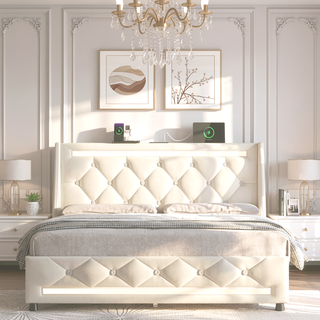 Sunvega Queen Size Bed Frame with Headboard LED Lights Charging Station Storage