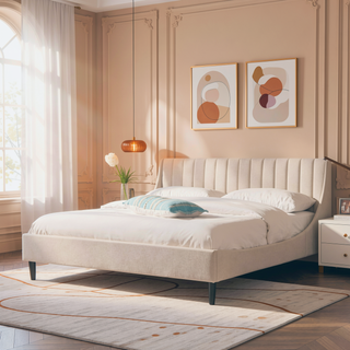 Sunvega Handmade Vertical Tufted Headboard Platform Bed Set in Light Beige Linen