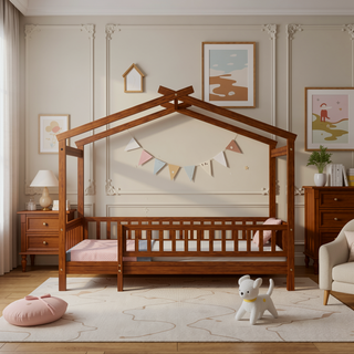 Sunvega Full Size House Bed Frame with Playhouse Fence and Roof for Kids