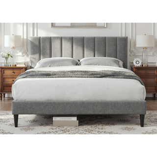 Sunvega Queen Upholstered Pleated Bed in a Box with Sturdy Dark Brown Frame