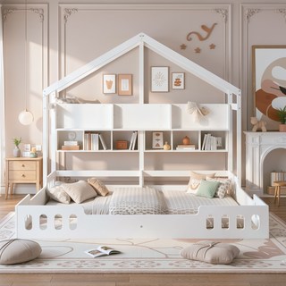 Sunvega Creamy White Twin Size House Platform Beds with Shelves and Guardrail