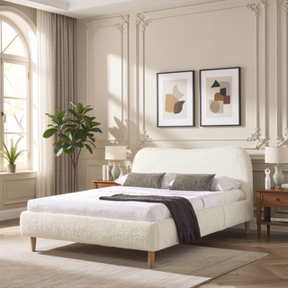 Sunvega King Upholstered Platform Bed with Curved Headboard in Oatmeal Chenille