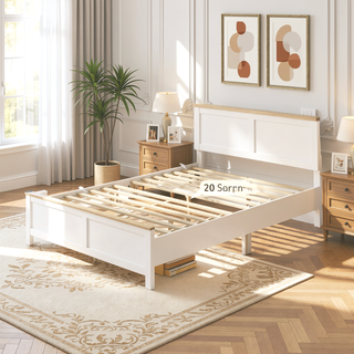 Sunvega Modern Minimalist Full Bed Frame with Headboard and Wood-Grain Tops