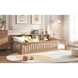 Sunvega White Wood Twin XL Floor Bed with Storage Cabinets and USB Charging Ports