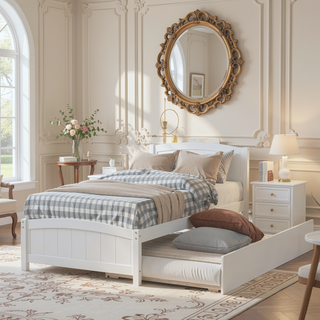 Sunvega White Twin Size Wood Platform Bed with Trundle for Maximized Space