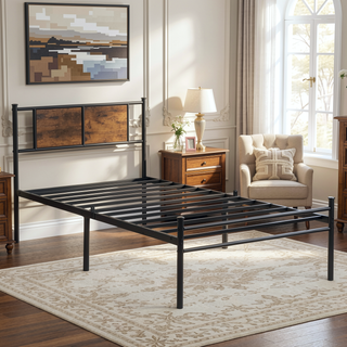 Sunvega Twin Size Metal Bed Frame with Wood Panel Headboard and Under Storage