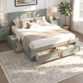 Sunvega Antique Natural Queen Size Platform Bed with 6 Spacious Storage Drawers