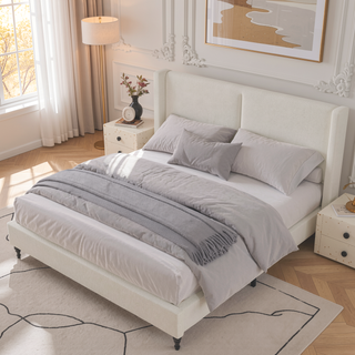 Sunvega King Size Bed Frame with High Back Upholstered Headboard and Boucle Fabric