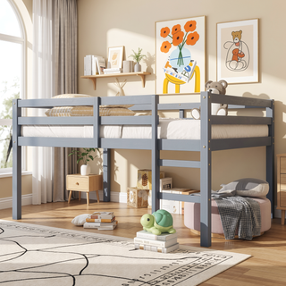 Sunvega Espresso Rubber Wood Low Height Loft Bed with Ladder for Bedroom