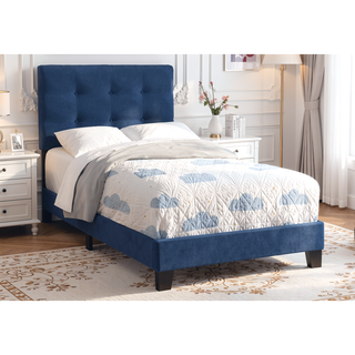 Sunvega Twin Size Upholstered Platform Bed Frame in Blue Velvet Fabric