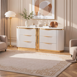 Sunvega White and Gold Six-Drawer Dresser with Soft-Closing Ball-Bearing Drawers