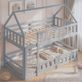 Sunvega Twin over Twin House Bunk Bed with Fence and Door in Gray