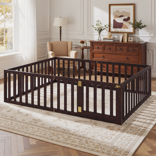 Sunvega Twin Size Wood Floor Bed Frame with Fence and Door in Walnut Finish
