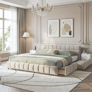 Sunvega California King Size Upholstered Bed with Storage Drawers and Soft Chenille Fabric Headboard