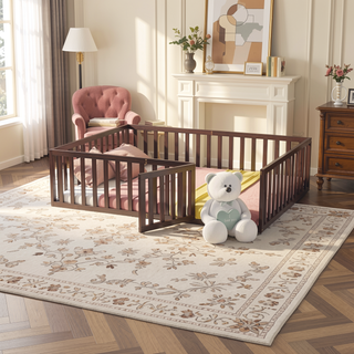 Sunvega Twin Size Wood Floor Bed Frame with Fence and Door in Walnut Finish
