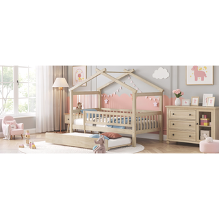 Sunvega Twin Size Wooden House Bed with Trundle and Headboard in Walnut
