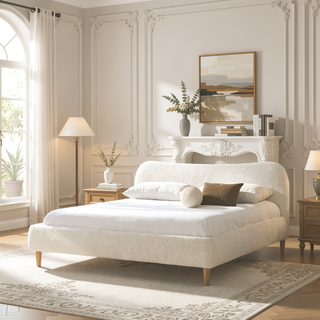 Sunvega King Upholstered Platform Bed with Curved Headboard in Oatmeal Chenille