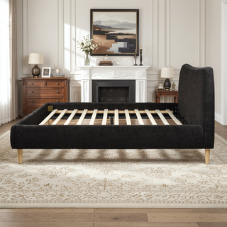 Sunvega King Upholstered Platform Bed with Curved Headboard in Oatmeal Chenille