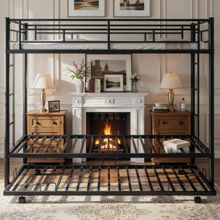 Sunvega Twin over Twin Bunk Bed with Trundle in White for Small Spaces