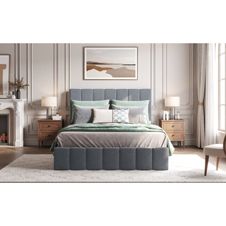 Sunvega Upholstered Platform Bed with Hydraulic Storage System in White Linen