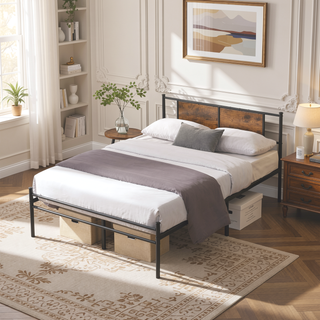 Sunvega King Size Metal Bedframe with Wood Panel Headboard and Under Storage