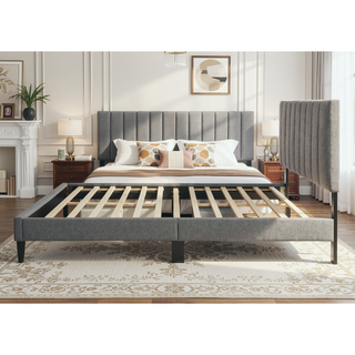 Sunvega Queen Upholstered Pleated Bed in a Box with Sturdy Dark Brown Frame