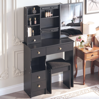 Sunvega Small Space Left Drawer Desktop Vanity Table with Cushioned Stool