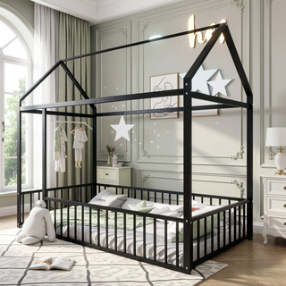 Sunvega Full Size Playhouse Metal Bed Frame with Fence for Kids and Teens
