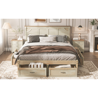 Sunvega Antique Natural Queen Size Platform Bed with 6 Spacious Storage Drawers