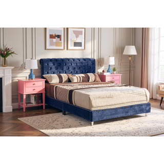 Sunvega Transitional Navy Blue Upholstered Full Bed with Tufted Details