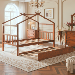 Sunvega Twin Size Wooden House Bed with Trundle and Headboard for Kids Room